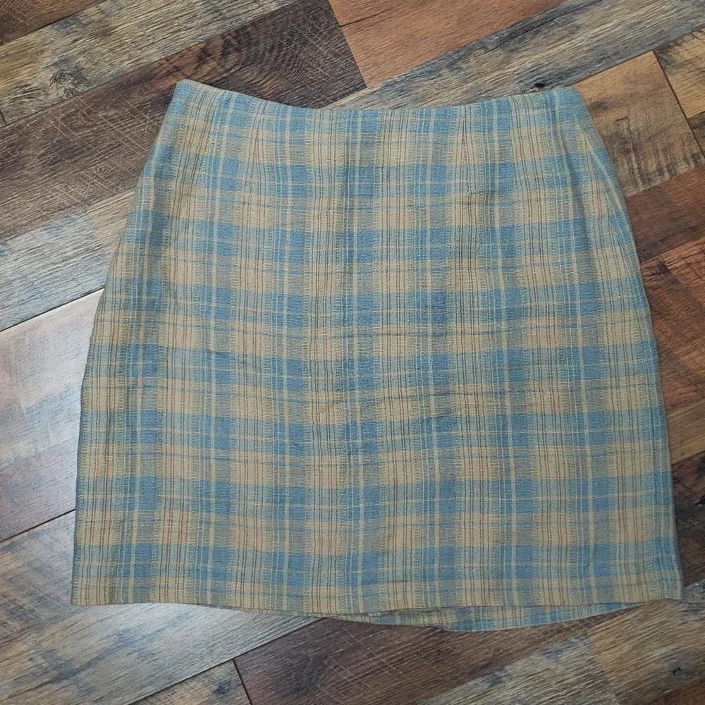 Vintage Lizsport Blue and Tan Plaid Faux Wrap Skirt, Size 14